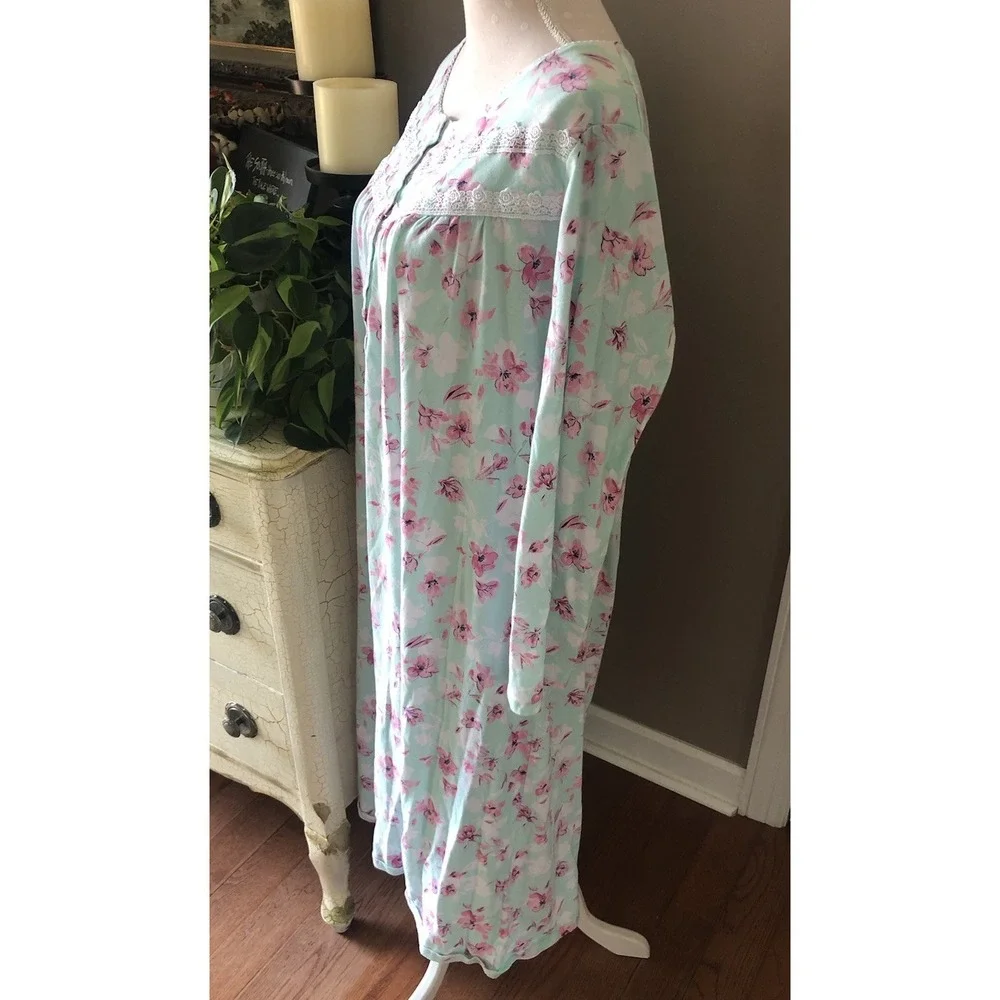 Vtg Floral Nightgown Long Sleeve 100% Cotton Knit Grannycore Green Pink Women L
